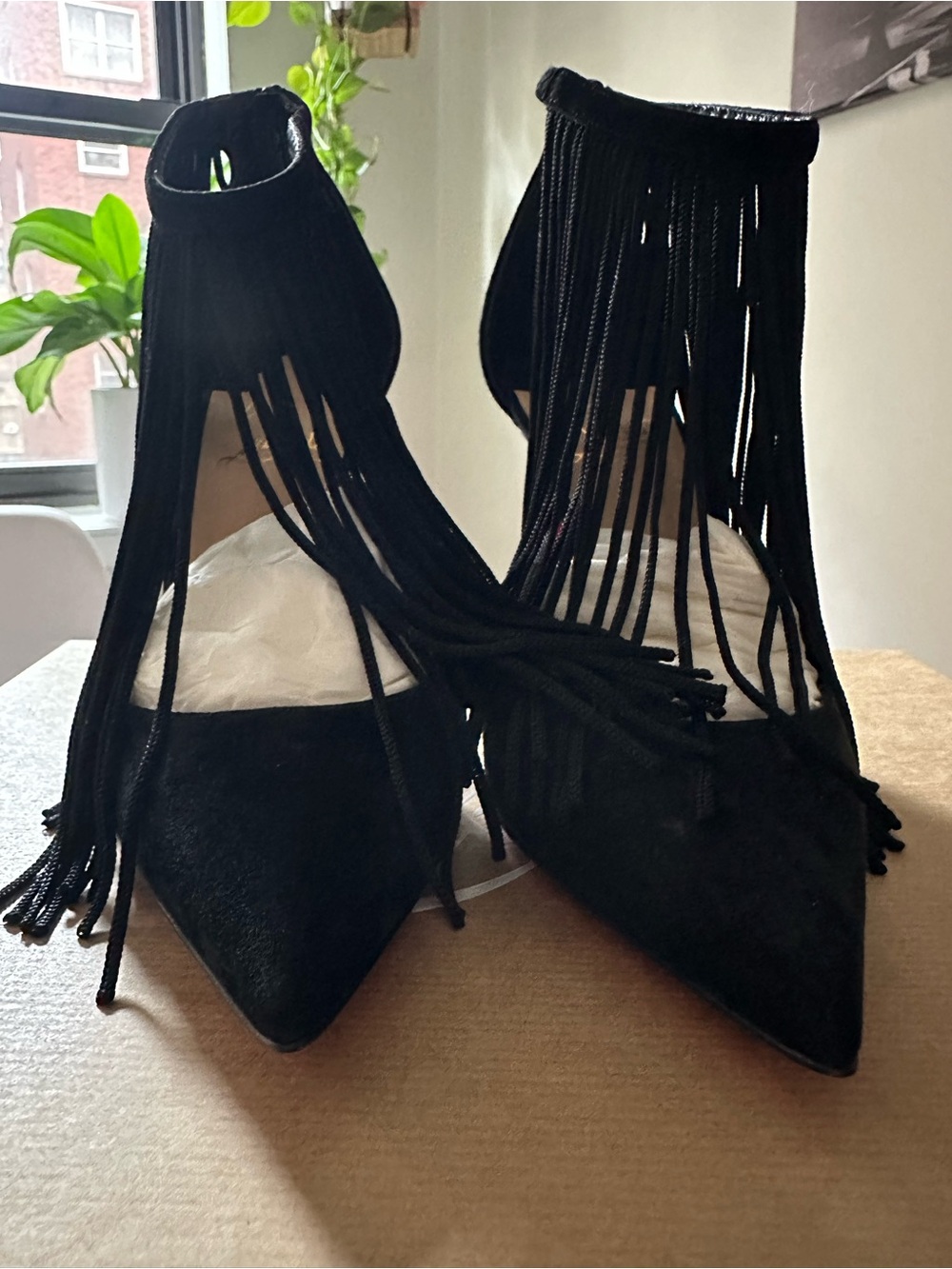 Christian Louboutin Black Suede Fringe Pointed Toe Stiletto Heels - Picture 5 of 12